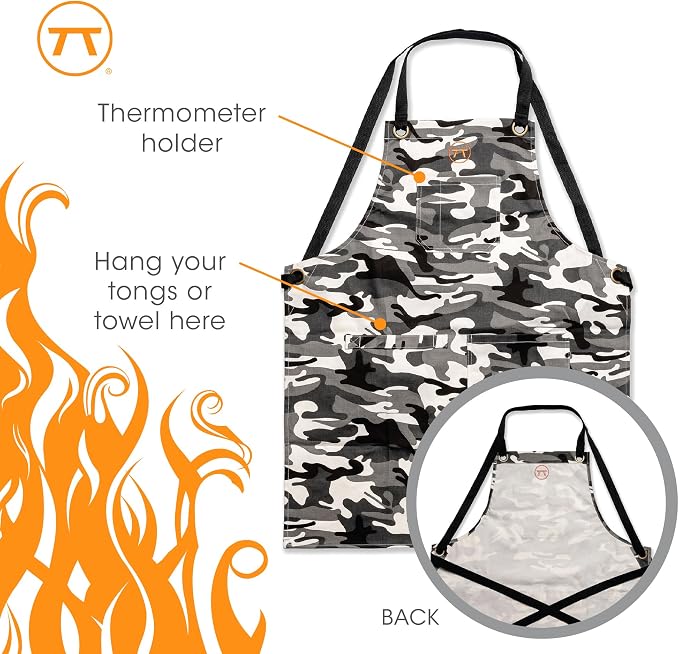 Outset Grill and Kitchen Apron, Camo Pattern With Pockets, Cotton, 27" x 34"