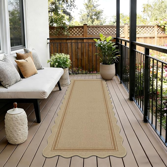 Easy Jute Kitchen Runner 2x6 Kitchen Runner Rug Washable Non Slip Outdoor Rug for Entryway Farmhouse Neutral Low Pile Scalloped Carpet for Hallyway Proch Doorway