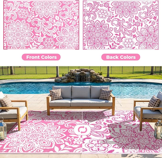 Findosom Waterproof Outdoor Rug 5' x 8' - Reversible Mandala Outdoor Plastic Straw Rug, Durable Foldable Patio Rug for RV, Deck, Balcony, Backyard, Picnic, Porch, Camping, Beach, Pink