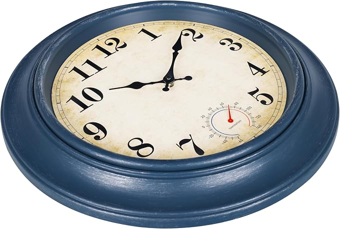 Large Outdoor Clocks Waterproof with Thermometer Combo Rustic Coastal Wall Clock Decor for Patio Pool Bathroom (18 Inch,Blue)