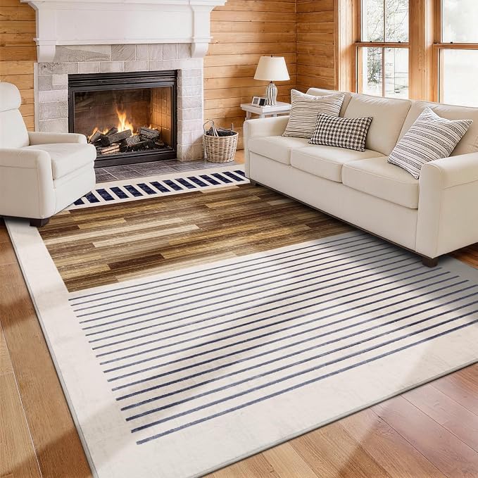 8x10 Washable Area Rug for Living Room, Modern Abstract, White Brown Black | Geometric Striped Color Block, Ivory Low Pile Non Slip Rug for Bedroom Dining Room Office, Farmhouse Decor
