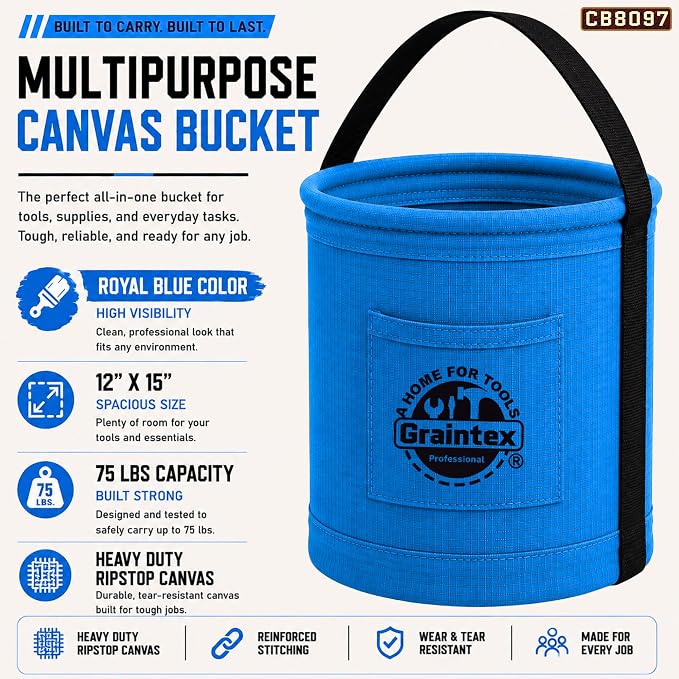 Graintex Canvas Utility Bucket 12"x15", Round Tool Bucket, Reinforced Base & Carry Handle, Ripstop Canvas, Multi-Purpose Bag for Jobsite, Home Use - Royal Blue