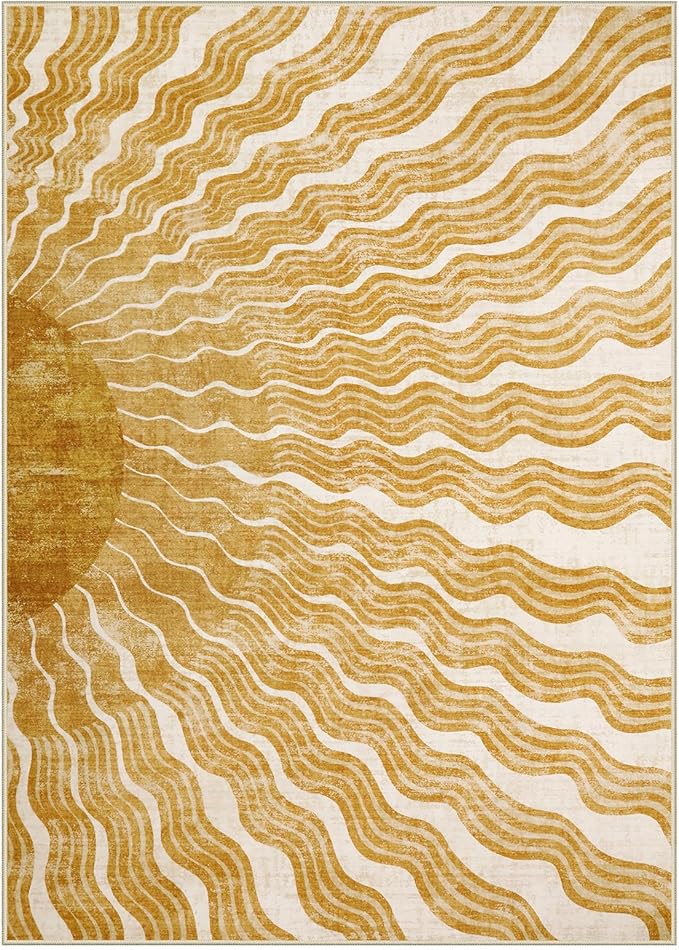 Hedlive Boho Washable Rugs 5x7, Sun Print Soft Nursery Rug for Bedroom Classroom, Ultra-Thin Non Slip Stain Resistant Kids Carpet for Living Room Office(5'x 7',Gold/Multi)