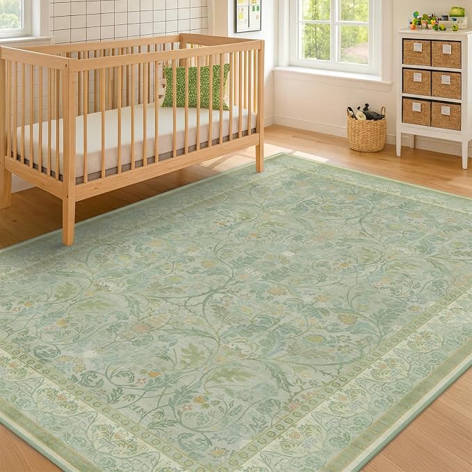 Sage Green Living Room Rugs 5x7, Soft Washable Non Slip Area Rugs for Nursery, Bedroom, Playroom, Dorm, Light Green Low Pile Floor Mat, French Country Aesthetic Indoor Carpet