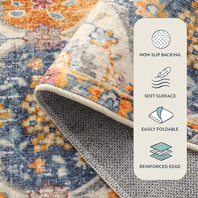 Lahome Moroccan Machine Washable Rugs for Living Room, 4x6 Rug for Bedroom Non-Slip Vintage Trellis Ultra-Thin Throw Carpet for Dining Room Office Nursery Elise, Cream/Multi