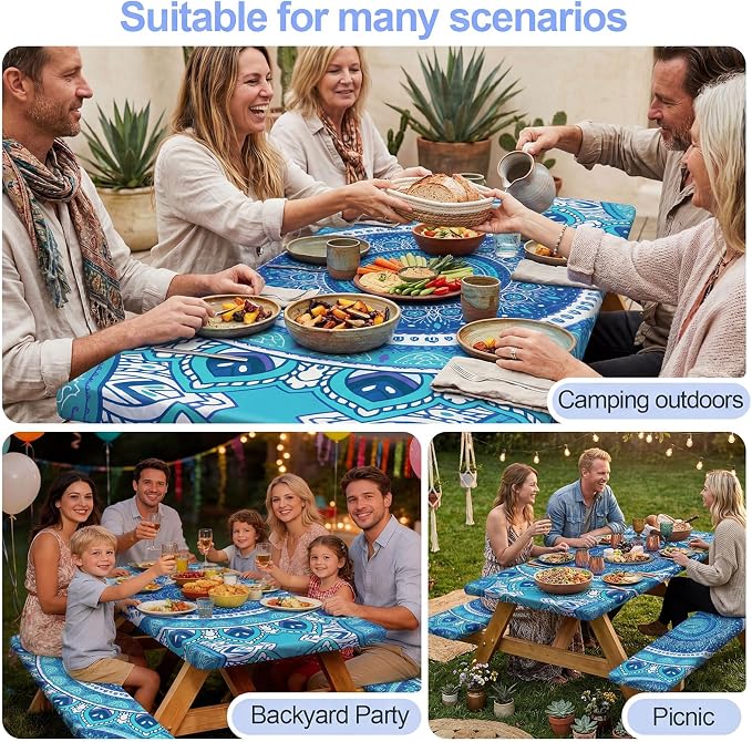 Picnic Table Cover with Bench Covers Camping Essentials Waterproof Windproof Camping Tablecloth with Drawstring Bag, Fitted Rectangle Tables and Seats, 72in, Air Superiority Blue