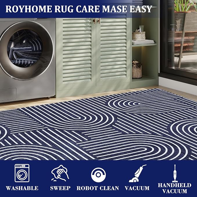 ROYHOME Modern 2.5x10 Hallway Runner Rug Non Slip Washable Kitchen Rug Blue | Abstract Bath Mat, Rainbow Geometric Runners Rugs for Bedroom, Soft Long Rugs for Entryway Arch Pattern Bathroom Laundry Dorm