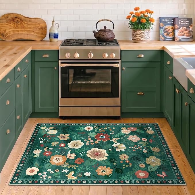 RELEANY Floral Washable 3x5 Area Rugs DarkGreen | Flower Carpet, Print, Boho, Non-Slip, Easy to Clean, Soft, Low Pile for Living Room Bedroom Kitchen Office Entryway Hallway