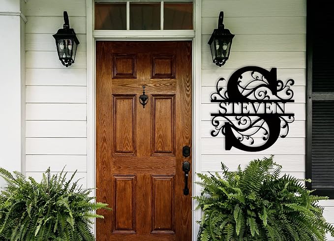 Personalized Family Name Sign Custom Last Name Metal Wall Decor, Monogram Initial Letter Sign with Elegant Scroll Design, Split Letter Family Name Wall Art, Rustic Farmhouse Home Decoration, Front Door Porch Decor, Wedding Gift, Housewarming Gift