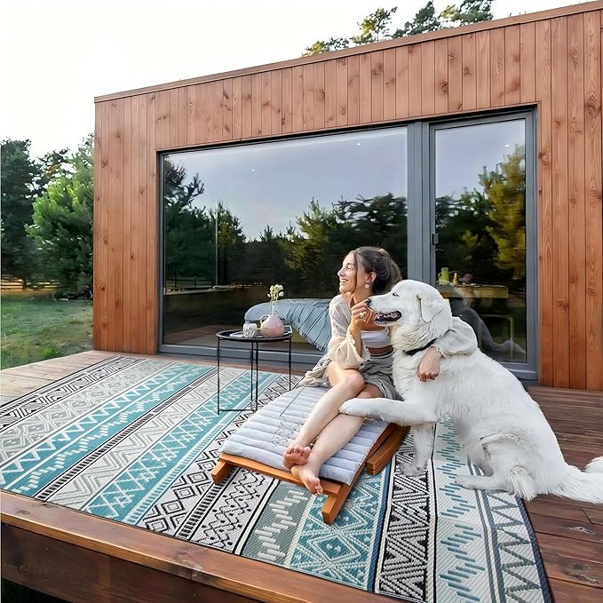 Outdoor Rug Waterproof 5 x 8 ft, Reversible Plastic Straw Rug for Patio, Large Outdoor Carpet for RV, Patio, Camping, Backyard, Deck, Picnic, Beach, Blue & Grey