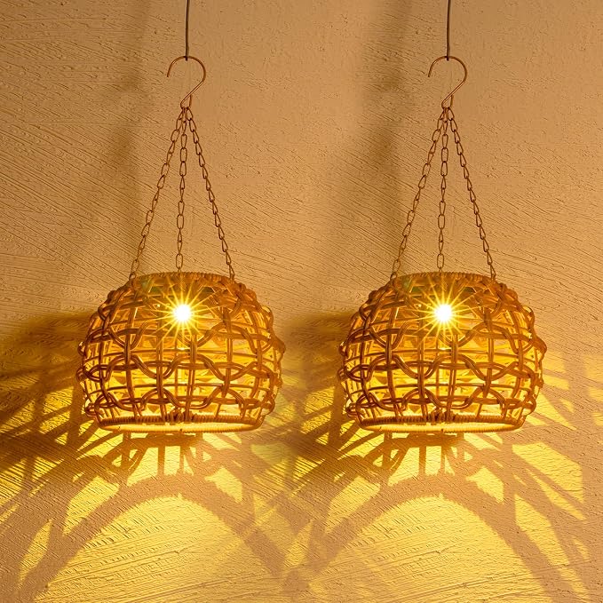 2 Pack Solar Lanterns Outdoor Waterproof, Hanging Solar Lights for Outside with Upgraded Bright LED, Boho Rattan Lantern, Outdoor Chandelier Lights for Garden, Yard, Porch, Patio, Backyard, Gifts