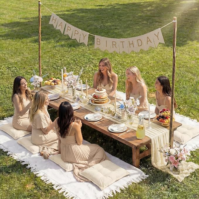 Extra Large Outdoor Picnic Blanket with Table Runner and Floor Pillow Cushion for Picnic Wedding Birthday Baby Shower Backyard Decor(91 x 71'',Light Beige,8 Pcs)