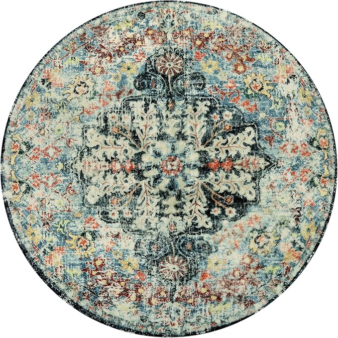 Lahome Reine Bohemian Floral Medallion Round Rug - 3Ft Small Bedroom Round Area Rug Soft Bathroom Circle Mat, Teal Vintage Non Slip Machine Washable Entryway Carpet for Nursery Kitchen Family Room