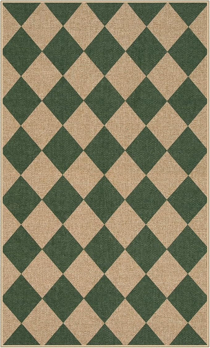 Lahome Colette Checkered Outdoor Patio Easy Jute Rug, 3x5 Dark Green Washable Front Porch Door Rug, Farmhouse Indoor Outdoor Carpet Non Slip Non Shedding Carpet for Entryway Living Room Deck