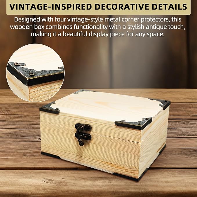 6.7"x5.1"x3.1" Unfinished Unpainted Wooden Box with Hinged Lid for Crafts DIY, Storage Jewelry Plain Pine Box with 4 Pcs Retro Style Decorative Corner Protectors