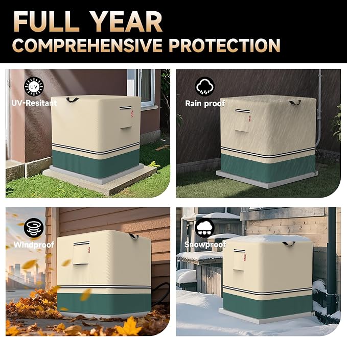 LXKCKJ Air Conditioner Cover for Outside Units - 420D Heavy-Duty Waterproof Winter AC Cover, All-Weather Protection for HVAC Condenser Units, Fits 28''LX28''WX32''H Outdoor AC Unit(Beige&Green)