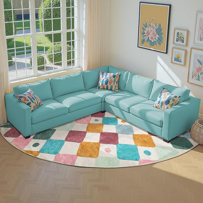 jinchan Corner Rug Washable Kids Rug Colorful Nursery Play Mat Confetti | 7ft Radius, Soft, Non-Slip, Cute, Kid-Friendly, Checkered Diamond, Quarter Circle, Reading Nook, Classroom, Playroom, Daycare