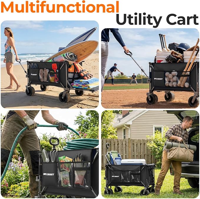 Collapsible Wagon with Tailgate, 55" Expandable 300L All-Terrain | 500 Lbs Heavy Duty, Utility Folding Wagon, 7"×4" Wheels, 360° Swivel & Brakes, Long Item Storage,Beach, Camping, Gardening