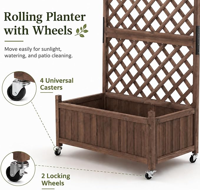 Trellis Raised Garden Bed with Wheels Trellis for Climbing Plants Outdoor | 63"H × 36"W × 17.5"D Tall Lattice Privacy Screen with Drainage Holes