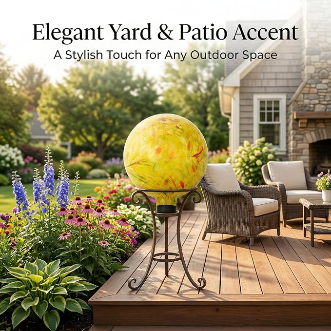 Glass Outdoor Gazing Globe, 10" Hand Blown Yellow Swirl Gazing Ball | Decorative Garden Orb for Yard, Patio, Lawn & Flower Beds