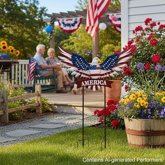 Eagle Patriotic Decor Garden Stakes Decorative Large 35.8in with America Sign, 4th of July Decorations Red White Blue Decor American Flag Memorial Day Decorations Metal Yard Art