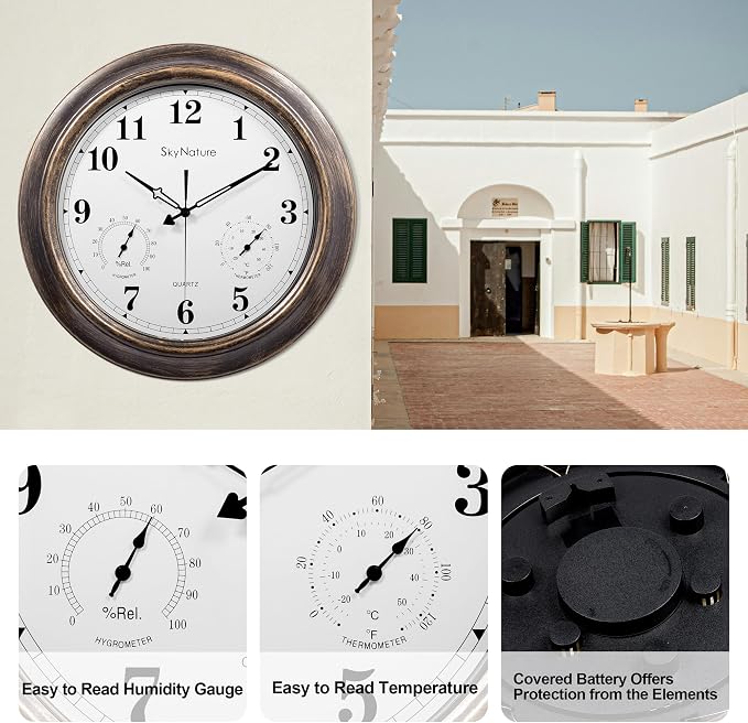 Outdoor Clock 18 Inch, Large Outdoor Clocks Waterproof Weatherproof with Thermometer & Hygrometer Combo, Easy-to-Read Outside Wall Clock for Patio, Garden, Poolside, Backyard, Seniors & Families