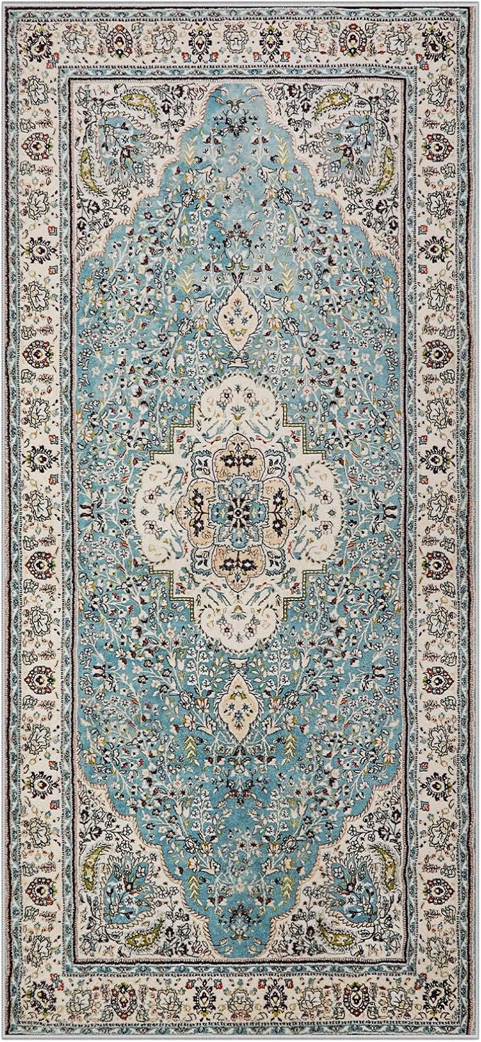 Lahome Felice Floral Medallion Area Rug - 2x4.3 Hallway Rug Runner Kitchen Sink Mat Turkish Faux Wool Non-Slip Washable Low-Pile Carpet for Indoor Laundry Bedroom Entrance Bathroom, Sky/Baby Blue