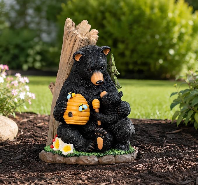 C&Y&G&X Solar Bear Garden Statue Lights, Black Bear & Cub Outdoor Resin Yard Decor for Patio Porch Lawn, Solar Garden Figurine with Light-Up Beehive, Housewarming Gifts for Garden Lovers
