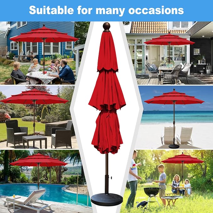 Eurmax USA 10-Year-Non-Fading 10FT 3-Tier Outdoor Patio Market Umbrella,UPF50+ UV Resistant,Heavy Duty Commercial Grade,Crank Lift Design,Windproof Vented Top for Garden,Pool,Deck,Logo Red