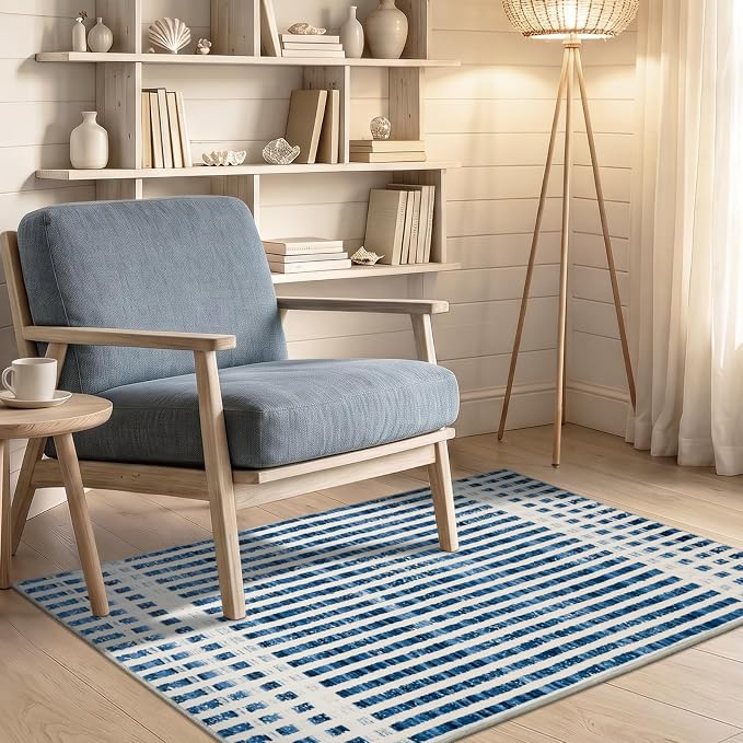 Washable 2x3 Modern Striped Area Rug, Abstract Small Throw Rug for Entryway | Beige Blue, Soft Low Pile, Skin Friendly, Non-Slip for High Traffic, Entrance Vintage Coastal Nautical Style Home Decor