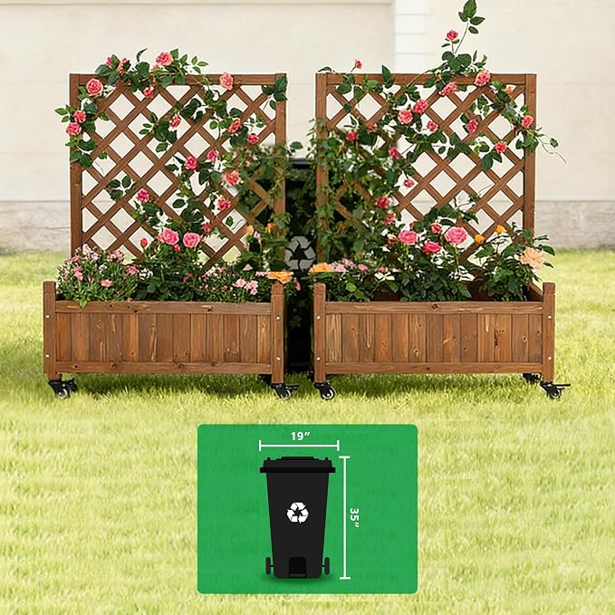 2 Pack Trellis Raised Garden Bed with Wheels, 38" Tall Wooden Planter Box with Trellis, Lattice Privacy Screen with Drainage Holes for Patio Balcony Garden