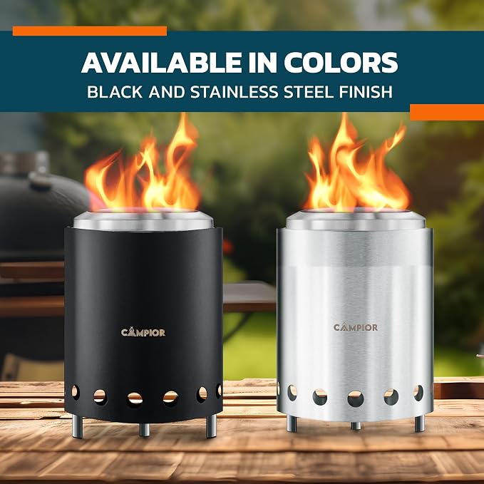 CAMPIOR Wood Burning Fire Pit Stove with Black Exterior - Smokeless Outdoor Stove for Efficient Wood Fires, Camping, and Gatherings, Stainless Steel with Removable Ash Pan, Stand and Carry Bag