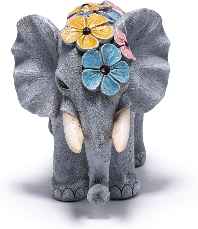 basen Solar Elephant Garden Statue Outdoor Resin Elephant Decor with Lighted Flower Accents, Solar Powered Animal Figurine for Patio Yard Lawn Porch Backyard Gifts for Women