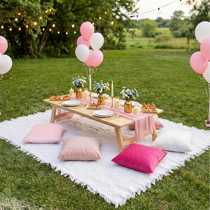 Moukeren 10 Pcs 71''x102'' Extra Large White Outdoor Boho Picnic Blanket with Table Runner and 8 Throw Pillow Covers Oversized Washable Portable Beach Blanket for Picnic Camp Lawn Wedding