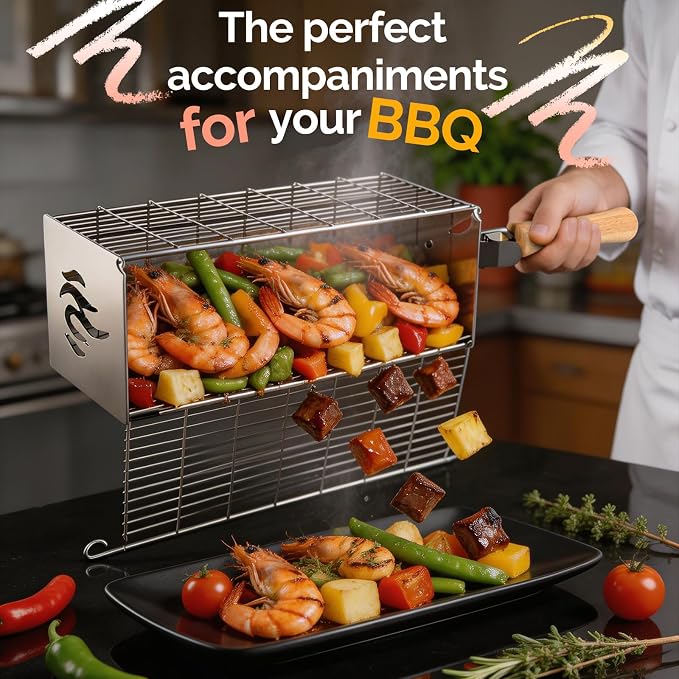 TNTOR Square Grill Basket, Larger 304 Stainless Steel Nesting Grilling Net, Removable Handle, BBQ Grilling Accessories Tools for Veg Shrimp, Outdoor Cooking Camping grilling gifts for men Dad Husband