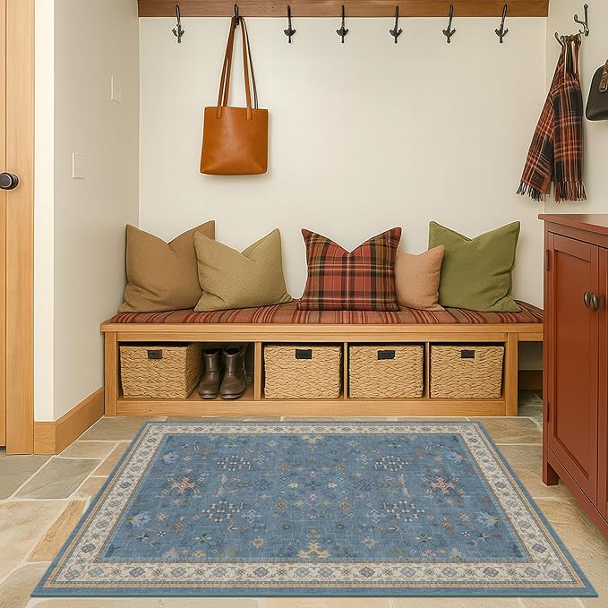 Washable 3x6 Throw Rug for Large Kitchen - Blue Rugs for Entryway Indoor, Bedroom Bedside, Mudroom, Boho Eclectic Modern Décor, Non Slip Low Pile Fade Resistant