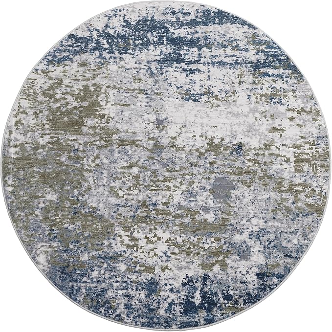 ROYHOME Modern Abstract 8x8 Round Area Rug Non Slip, Navy | Non Shedding Rug Low Pile Stain Resistant for Bedroom Living Room office Dining Room