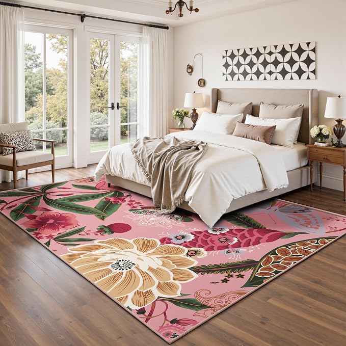 Tyrot Pink Boho Floral Living Room Rug, 5x7 Rug Washable Botanical Butterfly Area Rugs Flat Woven Ultra-Thin Non Slip Low Pile Carpet for Bedroom, Dining Room, Office, Kids Room