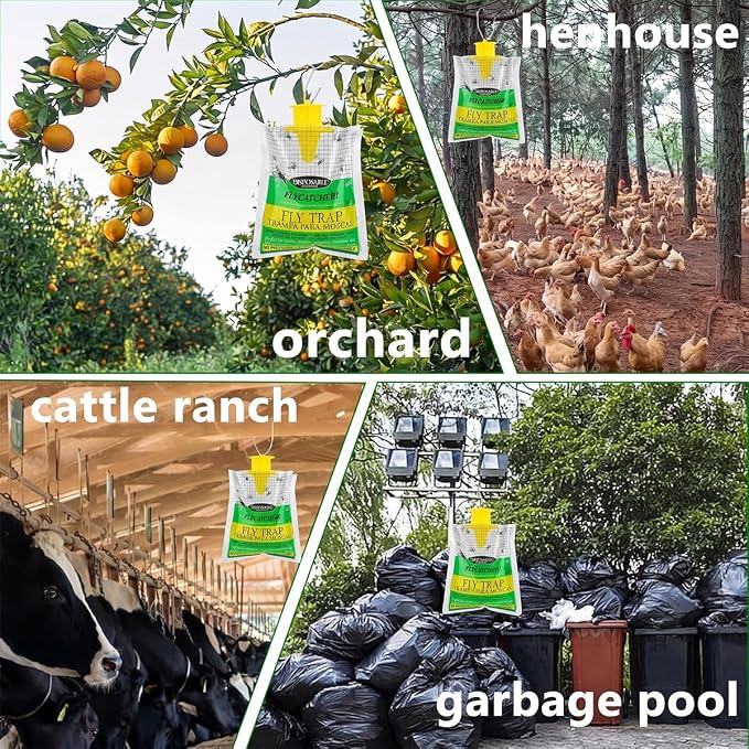 Fly Traps Outdoor Hanging, Natural Pre-Baited Bug Catcher Bags, Non-Toxic Flying Insect Killer for Outside Home, Patio, Trash Can, Horse Stables, Farm, Pastures, Backyard & Camping,4 Pack