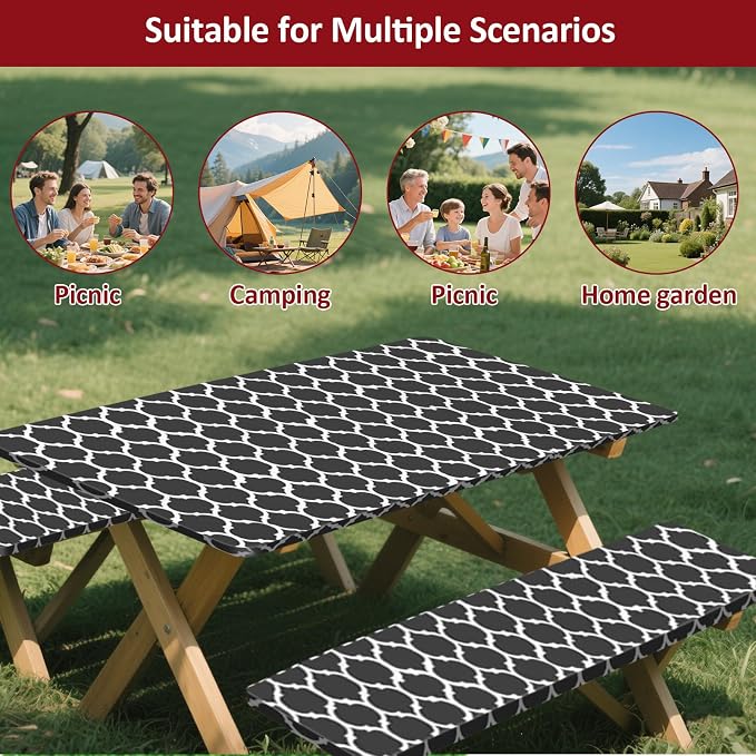 7ft Picnic Table and Bench Cover, Camping Essentials RV Gear, 84 in Waterproof Windproof Outdoor Elastic All Around Tablecloth, Fitted Rectangle Tables and Seats, Black-White Moroccan