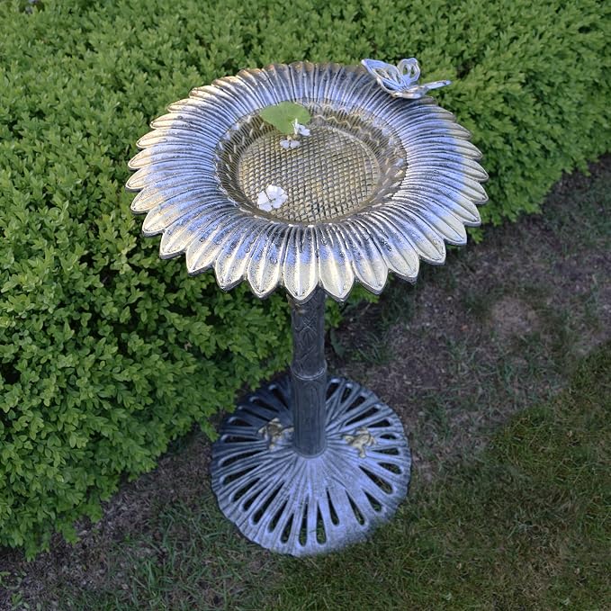 Oakland Living Sunflower Butterfly Bird Bath, Antique Pewter, Silver