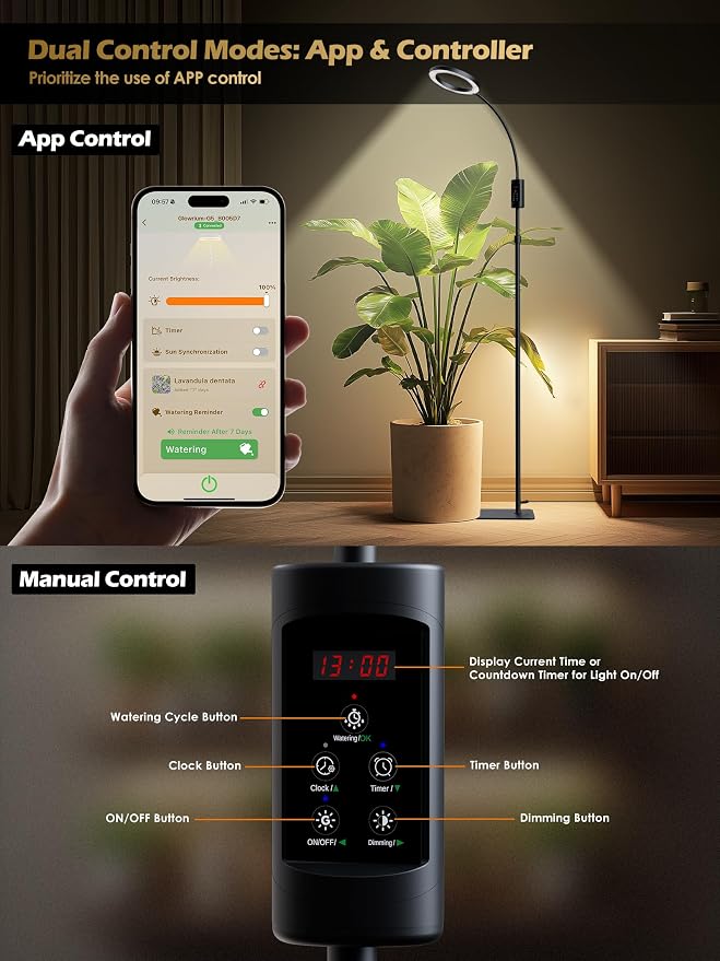 Smart Grow Lights for Indoor Plants, Plant Light with Auto-Timer, Full Spectrum LED Grow Light, Adjustable Height & Stepless Dimming,Plant Assistant Suitable for Most Plants (Black, Single Head)