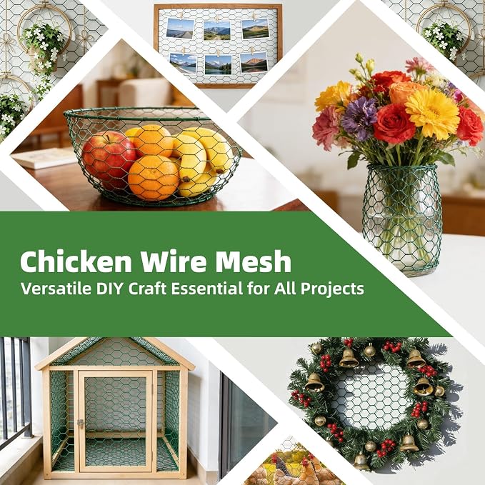 Chicken Wire for Floral Arrangements - Hexagonal Galvanized PVC Coated Poultry Wire Mesh Netting with Gloves, Wire Cutter & Zip Ties for Crafts, Poultry, Gardening Fence (15.7 x 118 lnches)