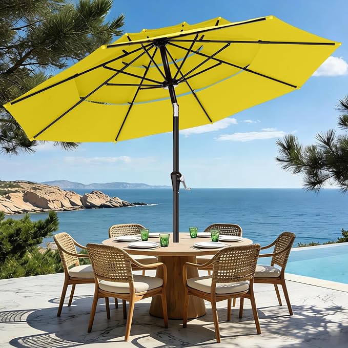 AreShark 9ft 3-Tier Patio Umbrellas, Outdoor Umbrella with 8 Sturdy Ribs UV Protection Windproof, Market Table Umbrella w/Push Button Tilt & Crank for Pool, Porch, Deck, Garden(Yellow)