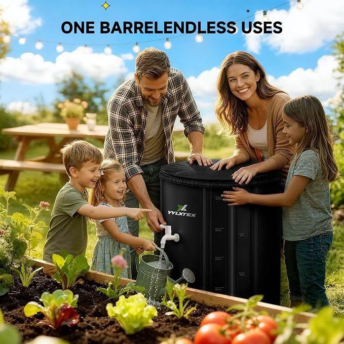 53 Gallon/200L Collapsible RainWater Collection Barrel,Water Tank&Reinforced with 2mm Frame Portable Rain Catcher,Includes Quick-Connect Tap&Sprinkler,Heavy Duty 0.6mm PVC for Long-Lasting Use,Black