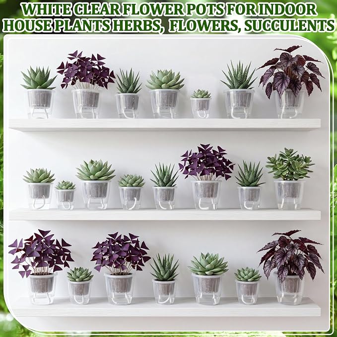 24 Pcs Self Watering Pots, 3.5/4.3/5.1'' Plastic Flower Plant Pot with Inner Pot Self Watering Wick Planter Clear Flower Pots for Indoor House Plants Herb Flowers Succulents (Transparent)
