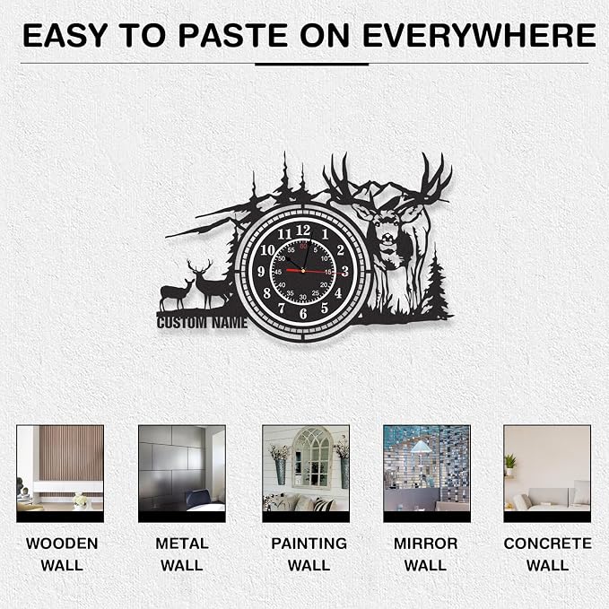 Personalized Name Outdoor Wall Clock, Metal Deer Wall Clock, Silent Non Ticking, Battery Operated, Deer Wall Art, Black Rustic Clocks for Living Room Farmhouse, Hunting Gifts, Cabin Decor