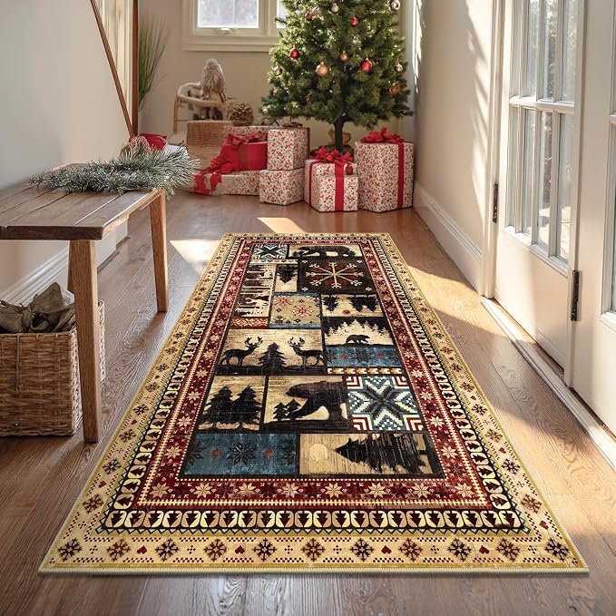 LOKHOM 3x6 Hallway Runner Rug, Non Slip Washable Western Cabin Bear Rugs | Bear Pattern, Low Pile Soft Kitchen Rug, Vintage Wildlife Accent Carpet Runner, For Laundry Bedroom Entryway Nursery