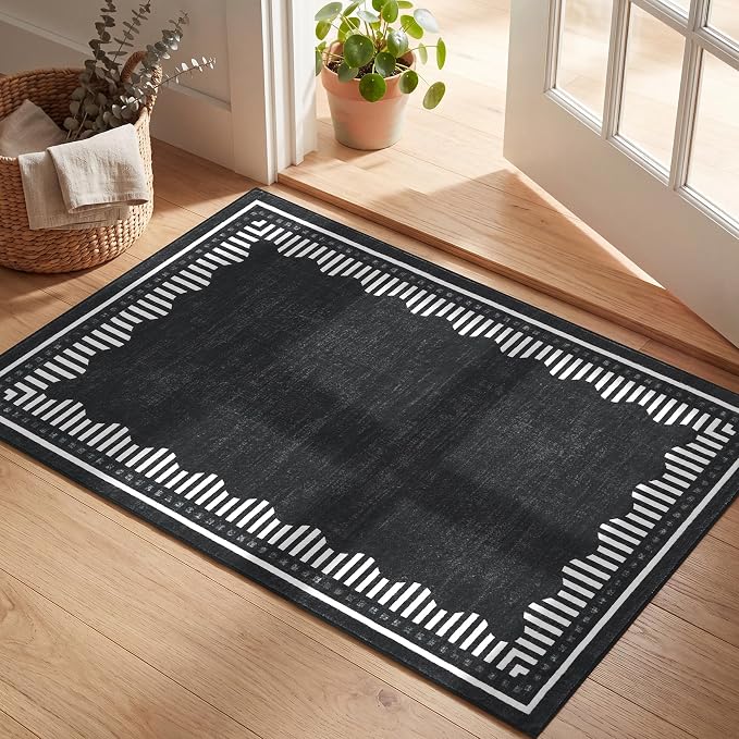 Garvee Small Area Rugs 2x3 Black Washable Entryway Scalloped Throw Carpet | Non Slip Solid Color Low Pile Living Room Bedroom Rugs Pet Friendly Modern Geometric Kitchen Front Door Nursery Doot Mat