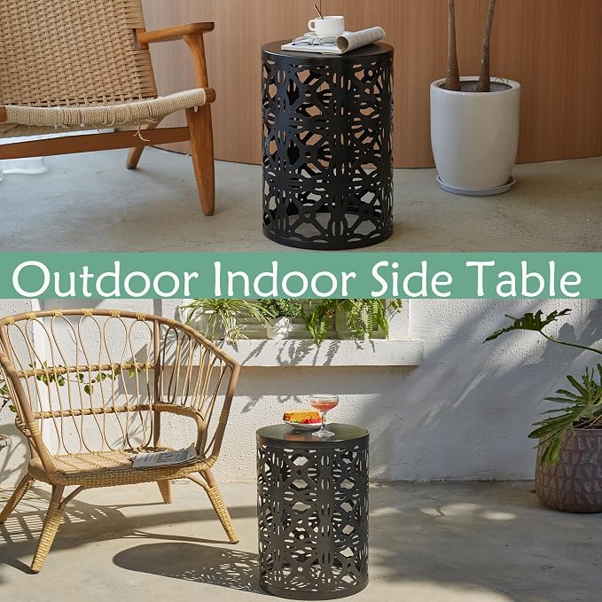Y&M Outdoor Side Tables Set of 3, Round Metal Stacking Patio Side Tables, Indoor & Outdoor End Tables, Decorative Garden Stool Plant Stand for Patio, Garden, Balcony, Porch, Black